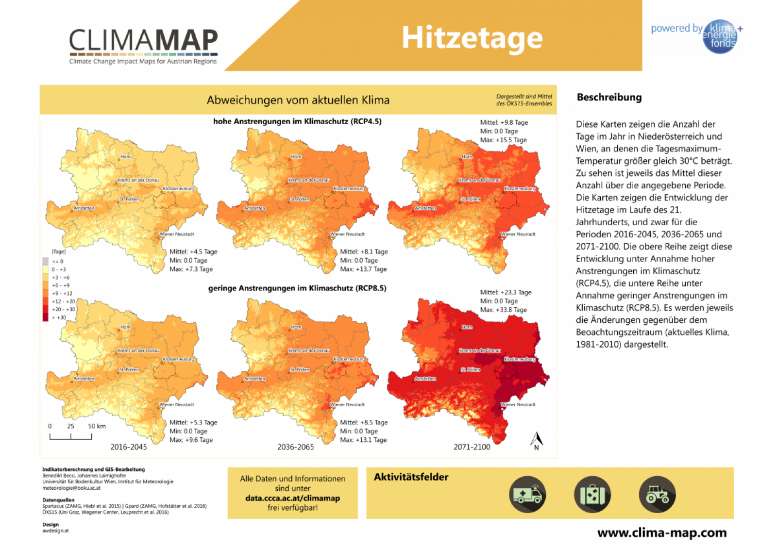Karte die zeigt, wie sich die Hitzetage in Niederösterreich in Zukunft verändern werden